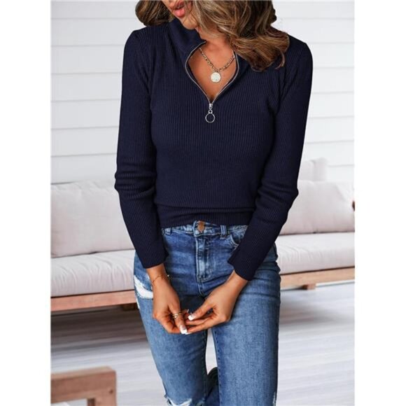 Women's Fall Quarter Zip Pullover Sweater –  Long Sleeve Collared - Picture 2 of 7